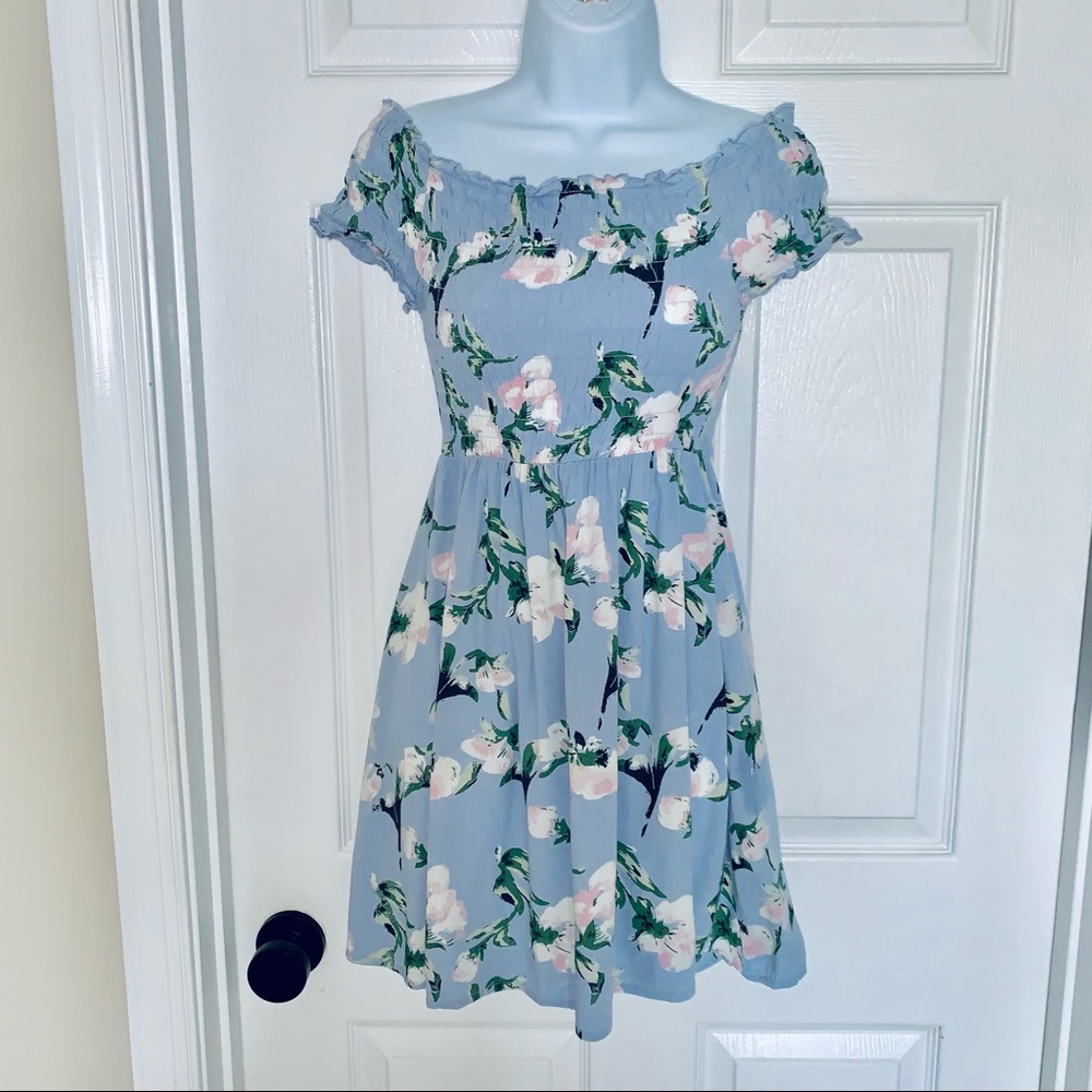 Sky Blue and Blush Pink Flowers Cotton Mini Dress Women’s Sz L - Picture 2 of 10